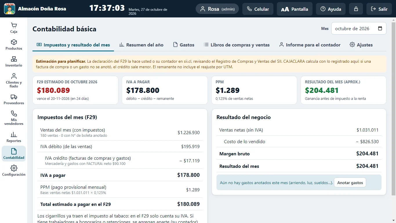 Asistente contable de CAJACLARA con IVA del mes y resultado estimado