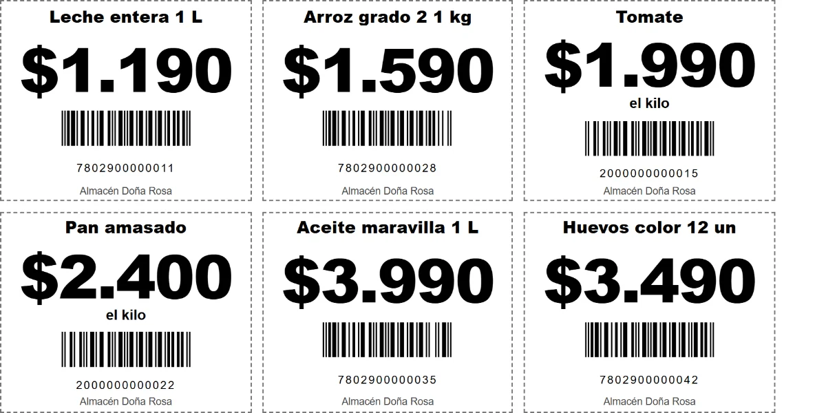 Etiquetas de precio impresas por CAJACLARA con precio grande y código de barras