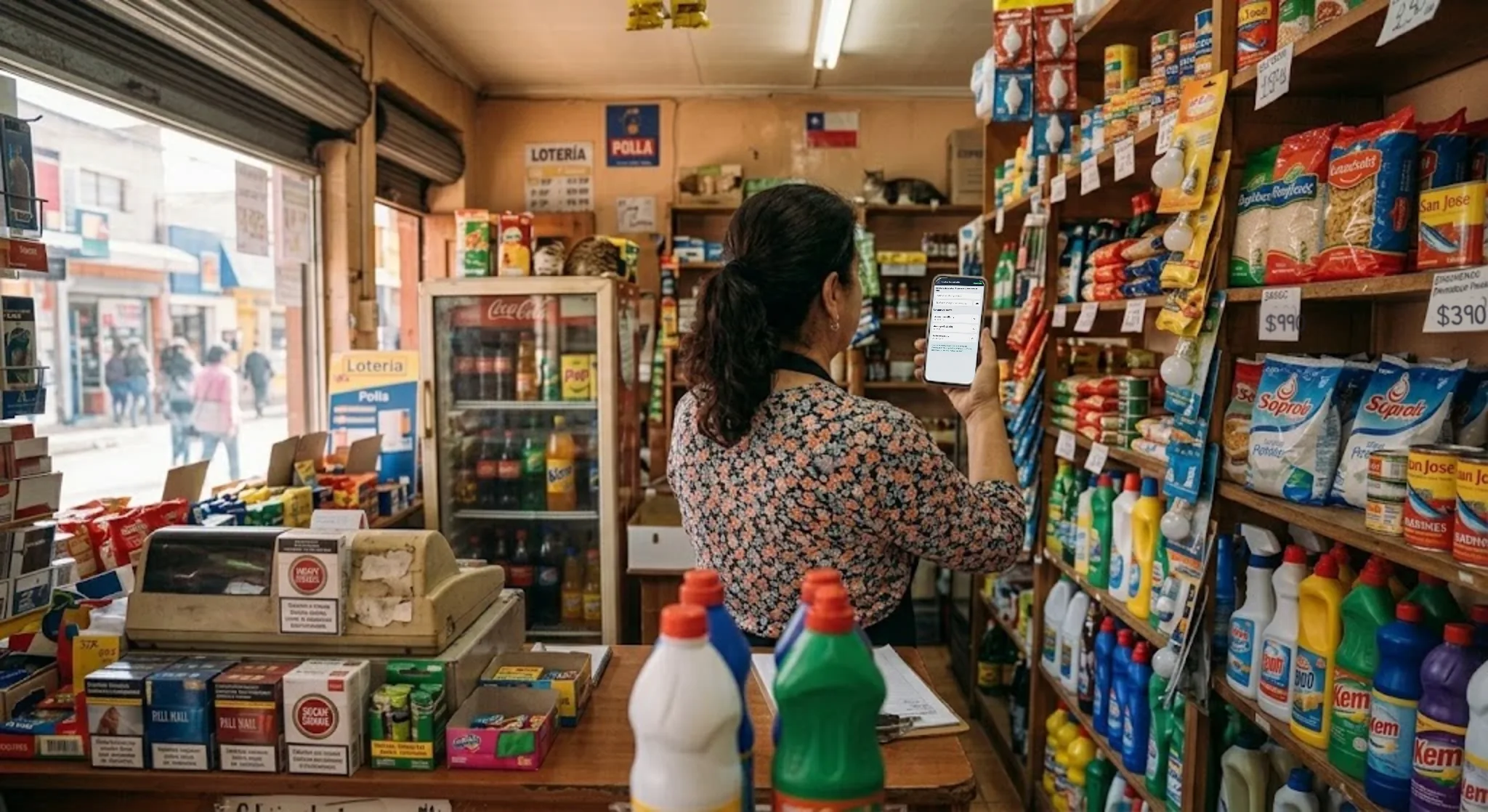 Almacenera contando el inventario de la góndola con CAJACLARA en el celular